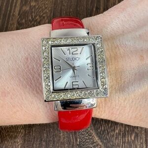 Studio Red Faux Leather & Silver Tone w/Rhinestones Cuff Watch W3